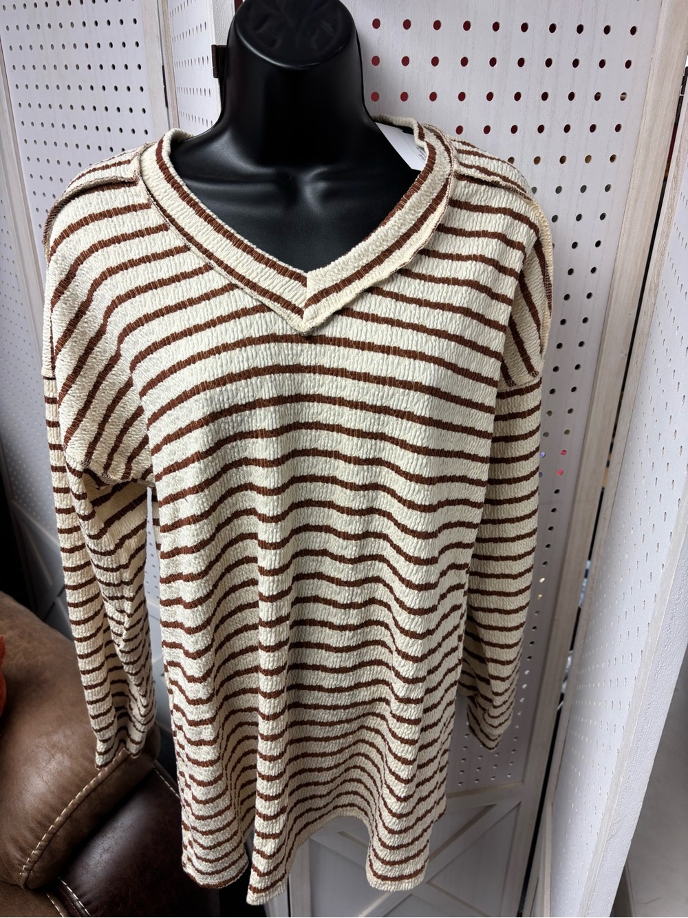 HEIMISH USA Cream and Brown Striped V-Neck Sweater